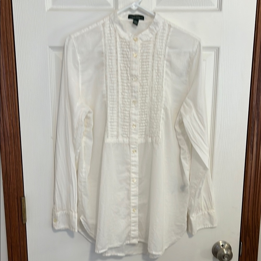 Lauren Jeans Co. Ralph Lauren Sheer White 100% Cotton Blouse w/ Lace Front - LG
